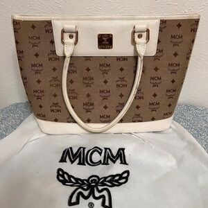 Authentic MCM Jacquard Shoulder Tote Bag Purse Ivory Brown with Dust Bag